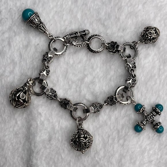 Silver-Toned Charm Bracelet With Ornate Filigree & Blue Bead Accents - Picture 3 of 4